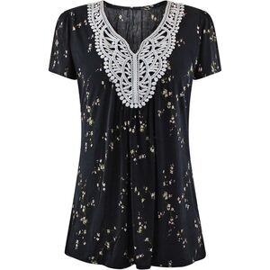 Black Short Sleeve Crochet Neck Top